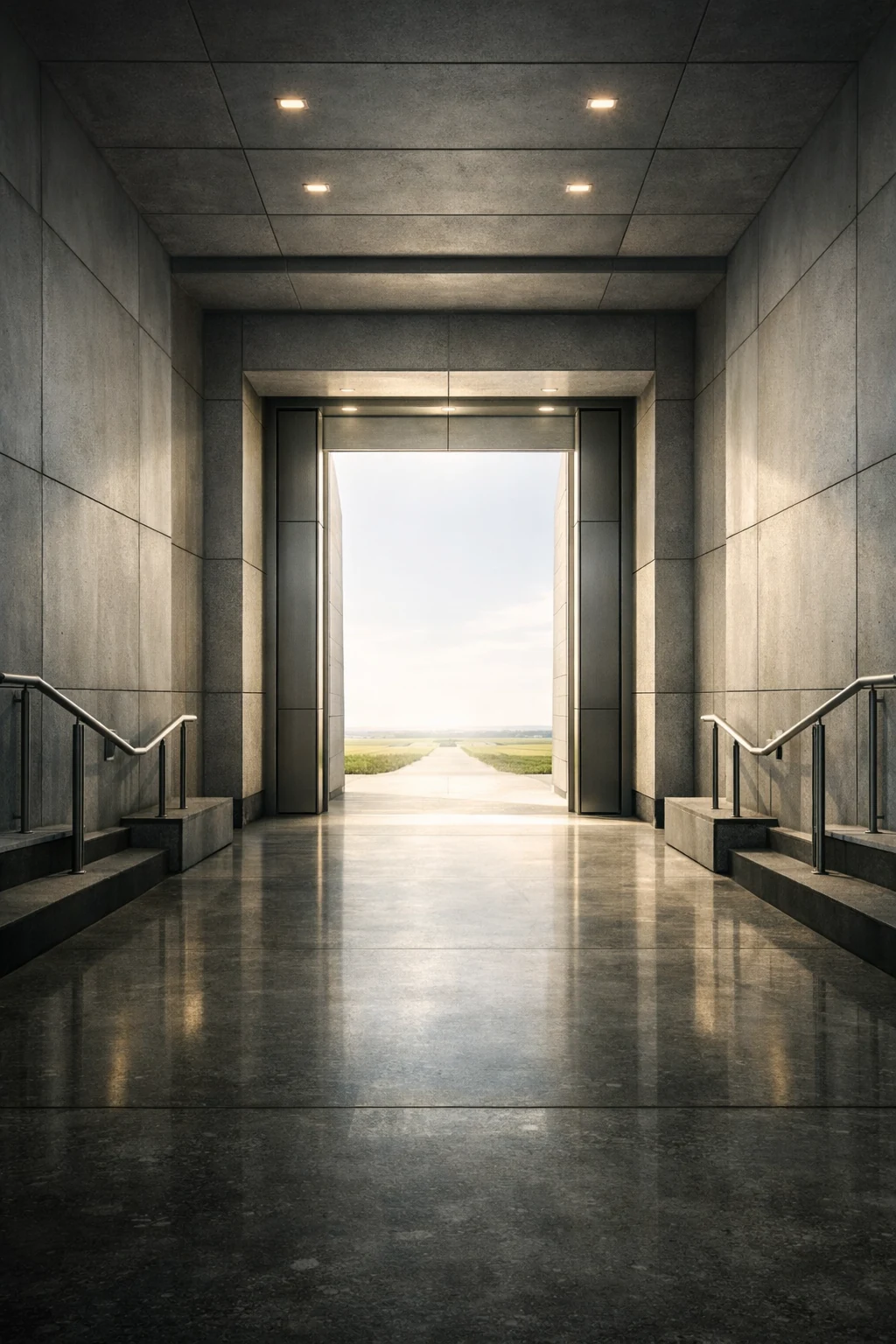 Stone and steel institutional corridor opening toward daylight.